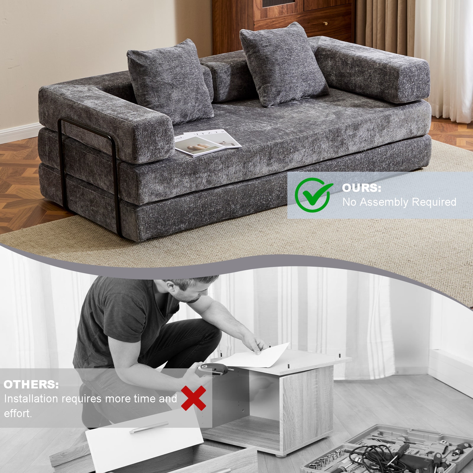 Floor Couch,Compression Sofa,Convertible Floor Sofa Bed-with Pillow Back Support Armrest,Comfy Futon Couch Lounge Sleeper Bed (DARK-GREY)_voghion.com